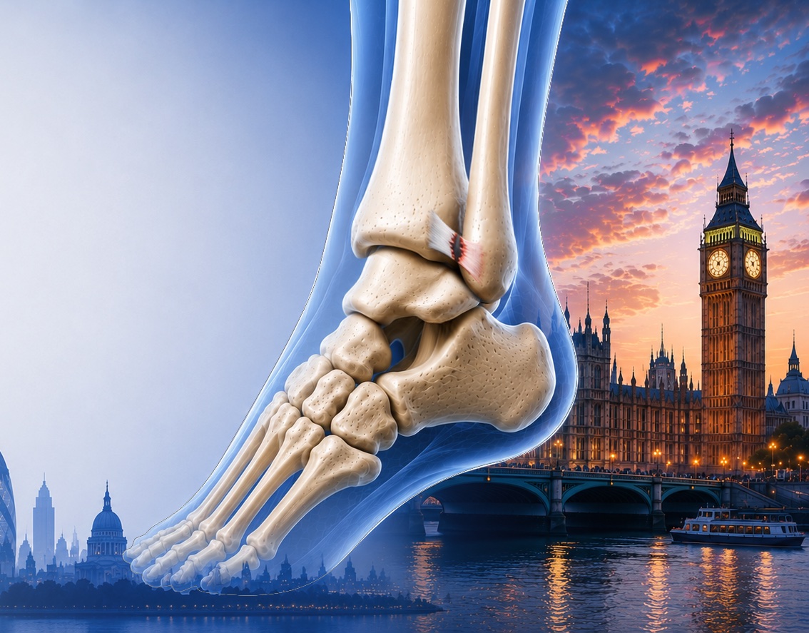 A render of the ankle with the syndesmosis highlighted, in front of the Houses of Parliament and Westminster Bridge at dusk